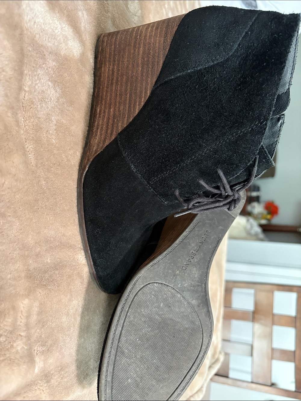 Lucky Brand Shylow Black Suede Wedge Ankle Booties Size 9